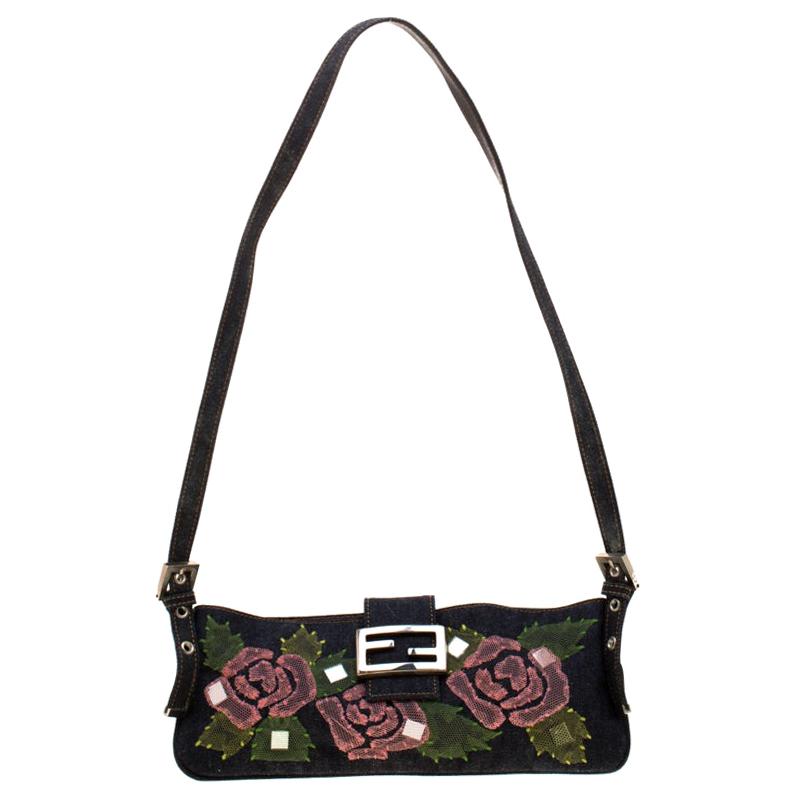 Fendi Blue Rose Embroidered Denim Baguette