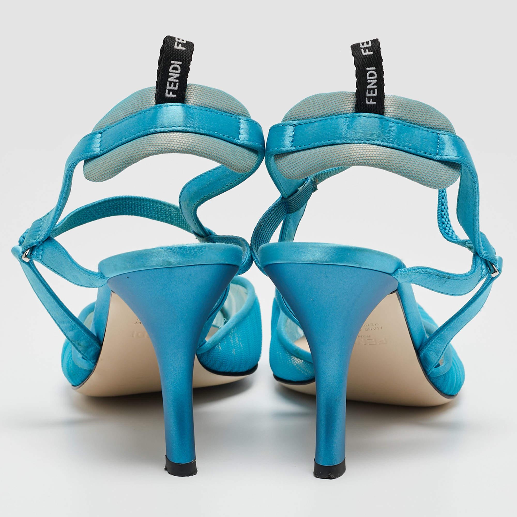Fendi Blue Satin and Tulle Fabric Colibri Slingback Pumps Size 38 3
