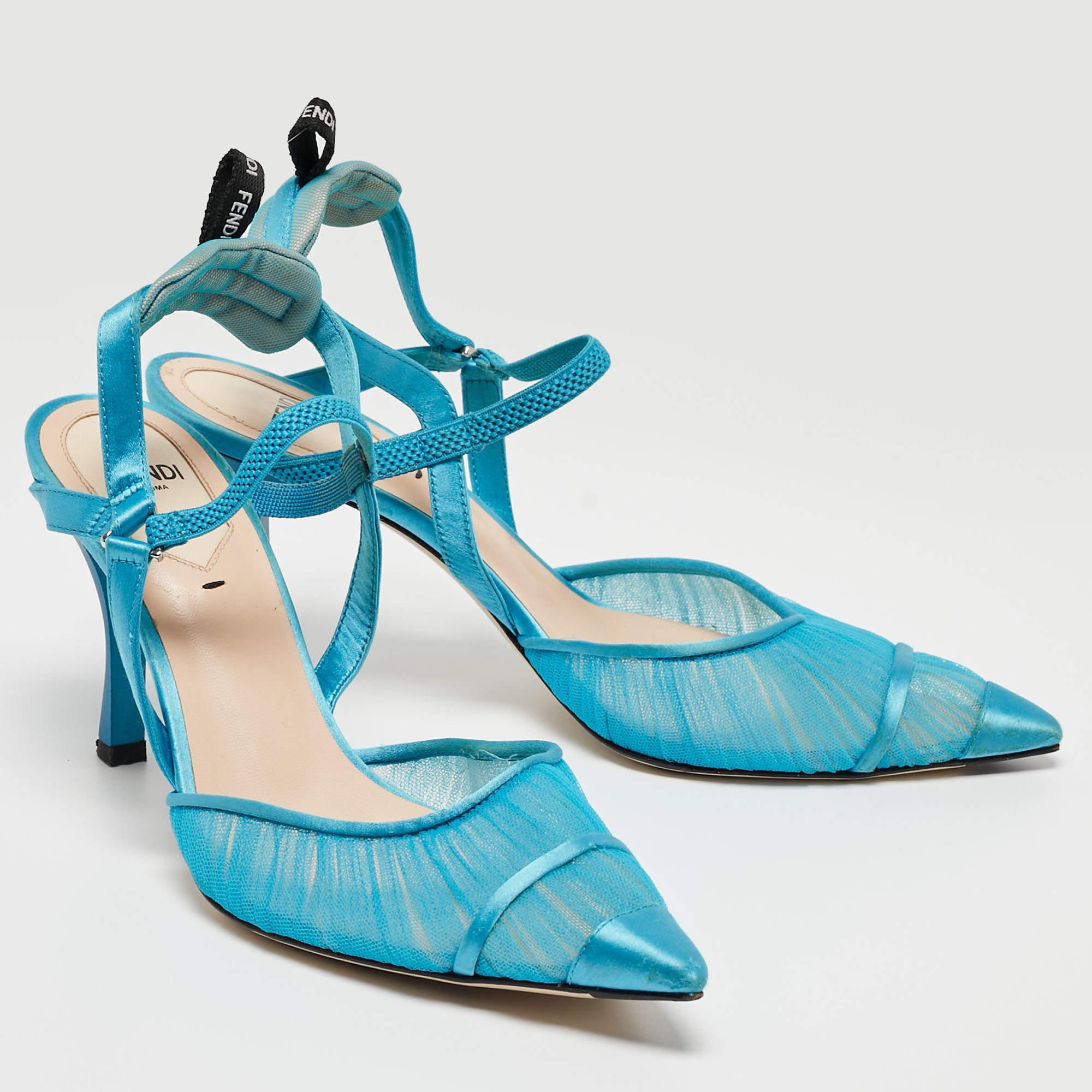 Fendi Blue Satin and Tulle Fabric Colibri Slingback Pumps Size 38 For Sale 4