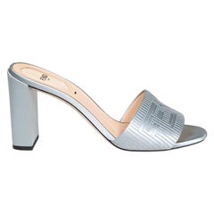 Fendi Blue Satin Logo Embroidered Block Mules Size IT 38