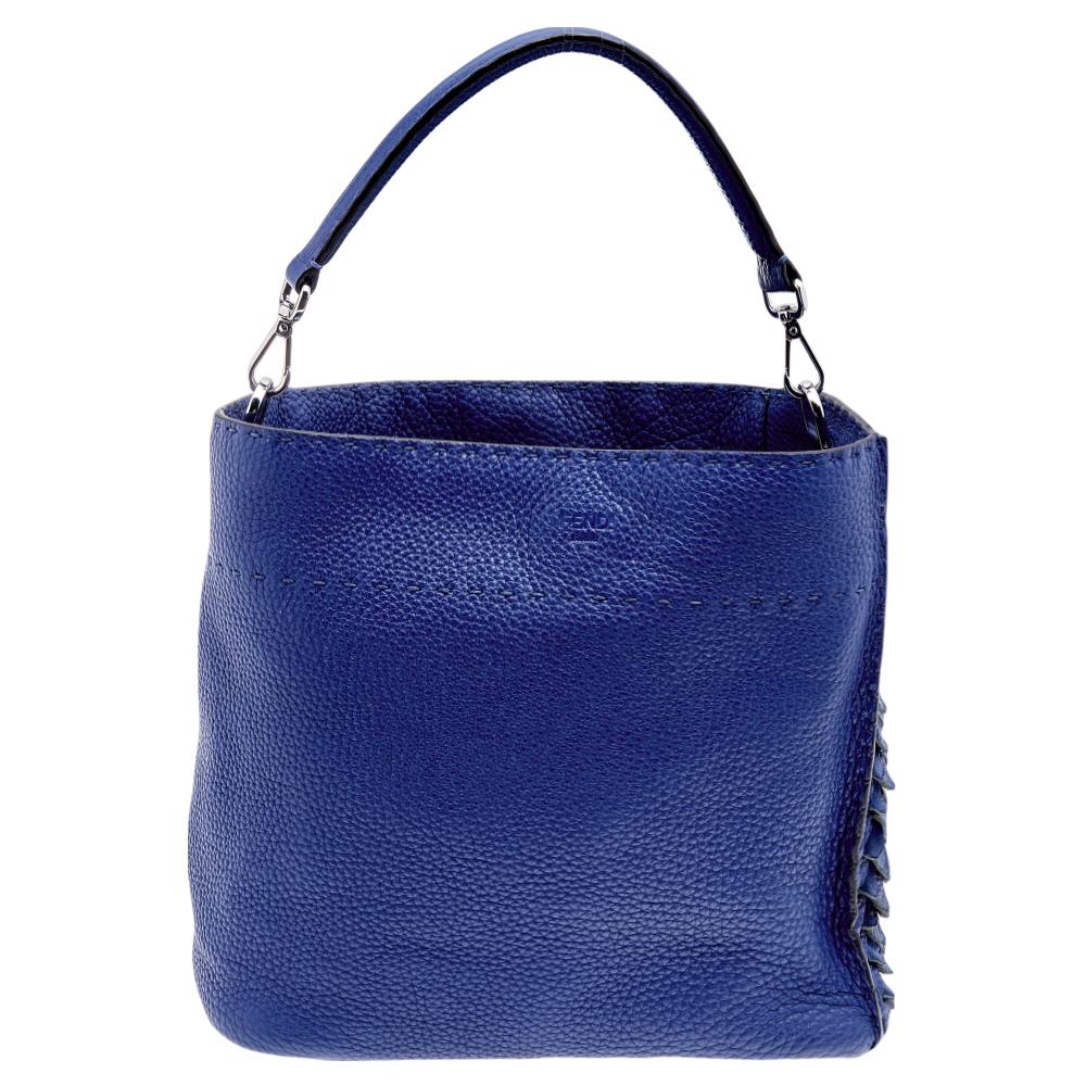 Fendi Blue Selleria Leather and Suede Small Scalloped Anna Bucket Bag 3