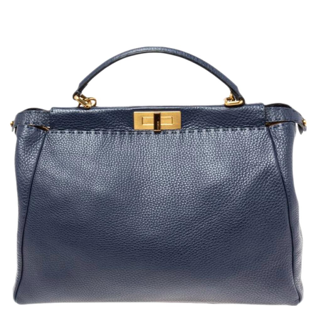 Fendi Blue Selleria Leather Large Peekaboo Top Handle Bag 2