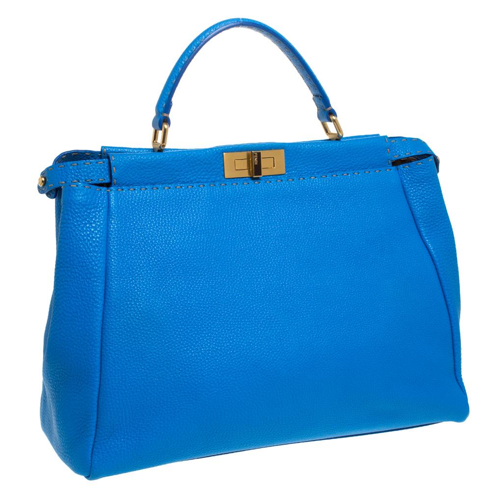 Women's Fendi Blue Selleria Leather Large Peekaboo Top Handle Bag