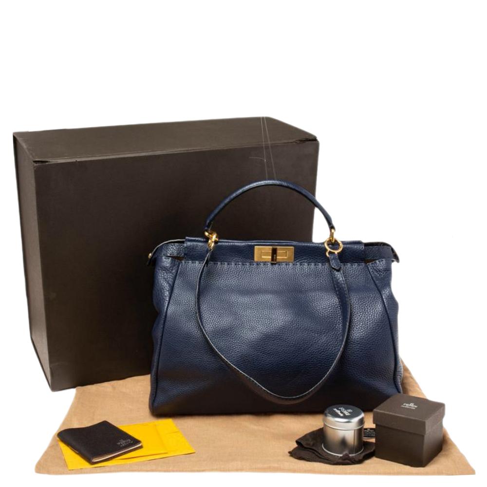 Fendi Blue Selleria Leather Large Peekaboo Top Handle Bag In Excellent Condition In Dubai, Al Qouz 2