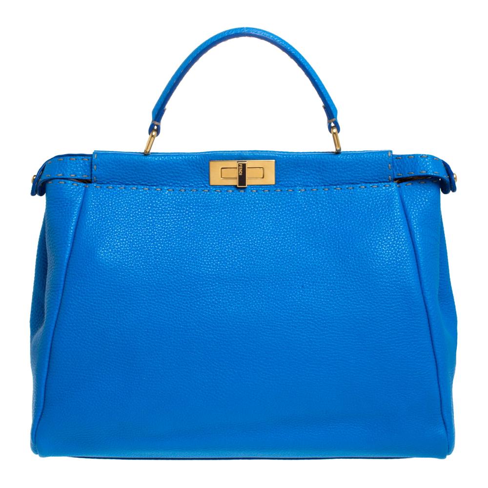Fendi Blue Selleria Leather Large Peekaboo Top Handle Bag
