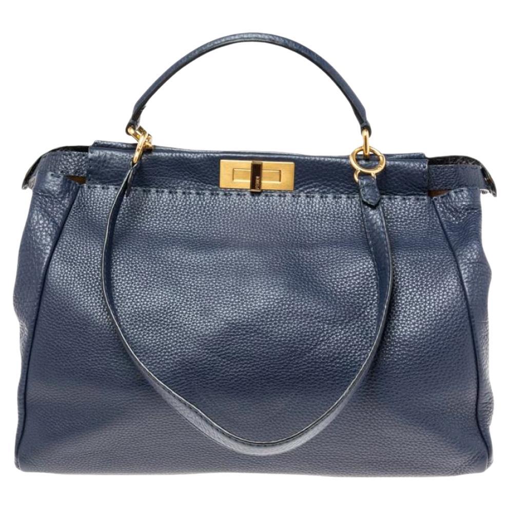 Fendi Blue Selleria Leather Large Peekaboo Top Handle Bag