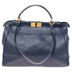 Used Fendi Blue Selleria Leather Large Peekaboo Top Handle Bag