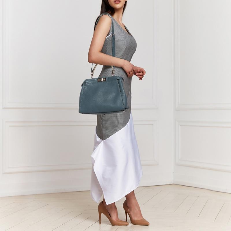 Black Fendi Blue Selleria Leather Medium Peekaboo Top Handle Bag