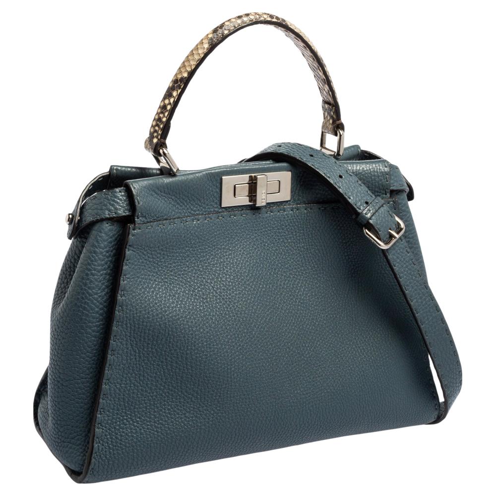 Fendi Blue Selleria Leather Medium Peekaboo Top Handle Bag In Good Condition In Dubai, Al Qouz 2