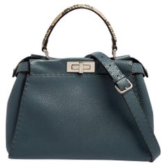 Fendi Blue Selleria Leather Medium Peekaboo Top Handle Bag