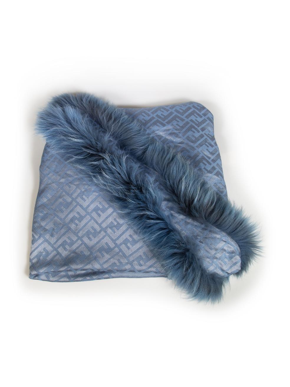 CONDITION is Very good. Minimal wear to the scarf is evident, there are slight pulls to the weave on this used Fendi designer resale item.
 
 Details
 Blue
 Silk
 Scarf
 Zucca FF pattern
 Diagonal Raccoon fur trim
 Raw hem
 
 
 Made in Italy
 

