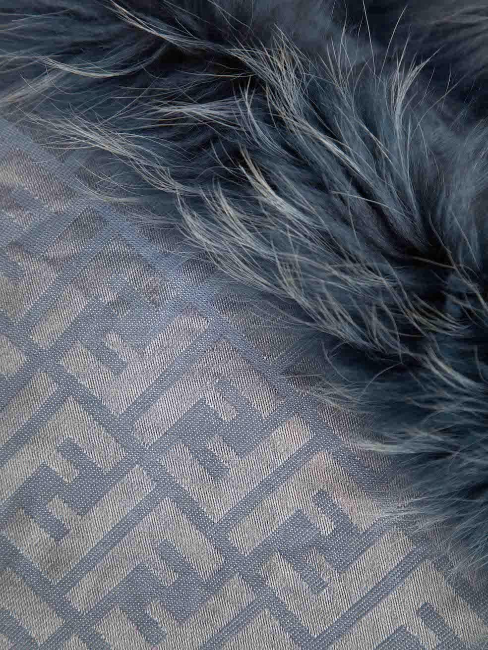 Women's Fendi Blue Silk Fur Trim Zucca FF Scarf
