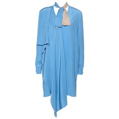 Fendi Blue Silk Neck Tie Detail Draped Asymmetrical Dress S