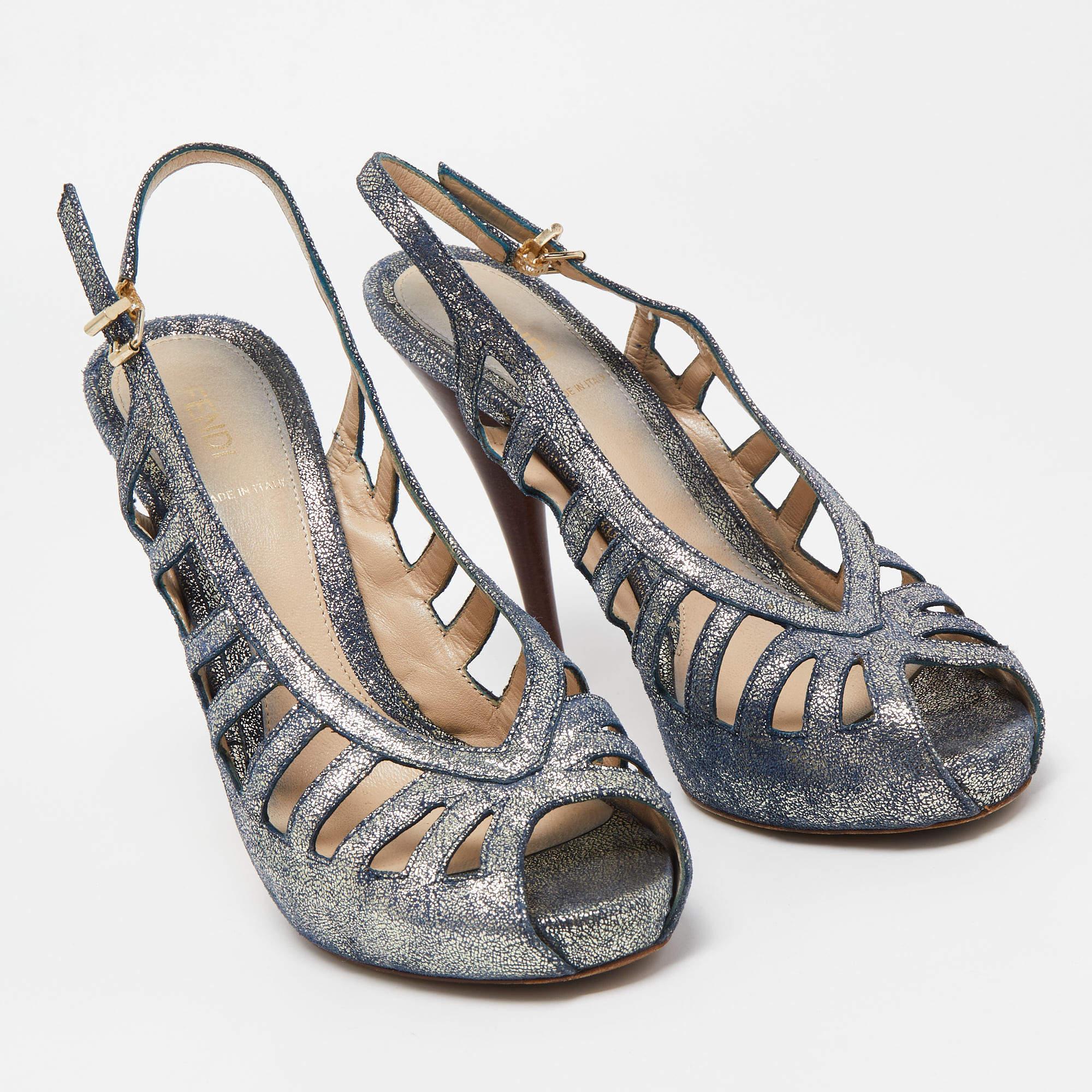 Gray Fendi Blue/Silver Texture Suede Slingback Pumps Size 38.5 For Sale
