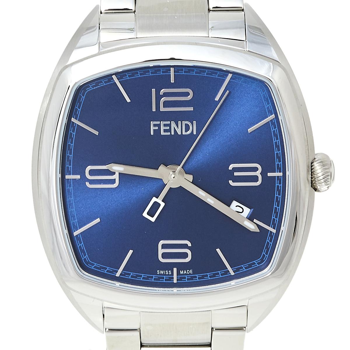 Contemporary Fendi Blue Stainless Steel Momento 22000L Women's Wristwatch 39 mm