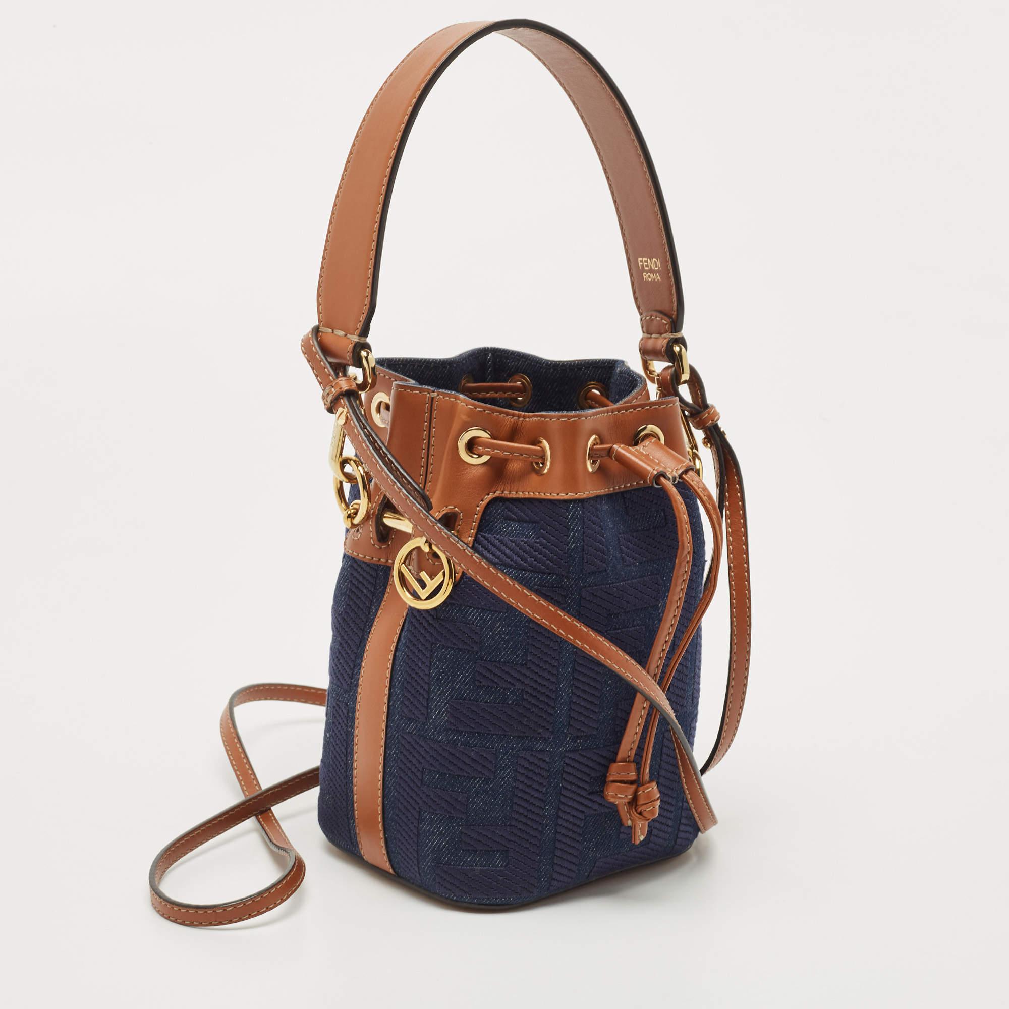 Black Fendi Blue/Tan Denim and Leather Mini Mon Tresor Bucket Bag