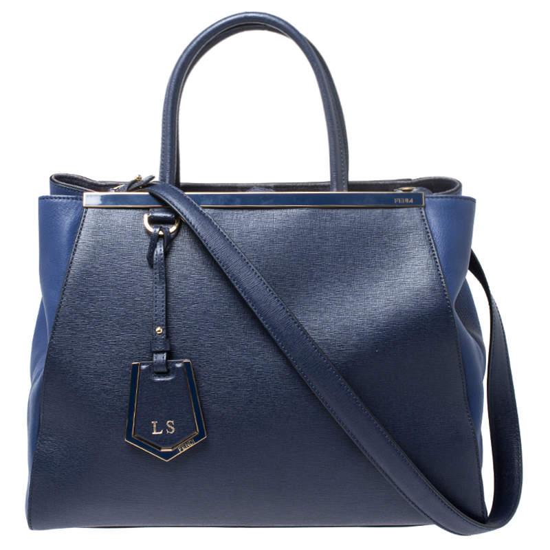 Fendi Blue Two Tone Leather Medium 2Jours Tote For Sale