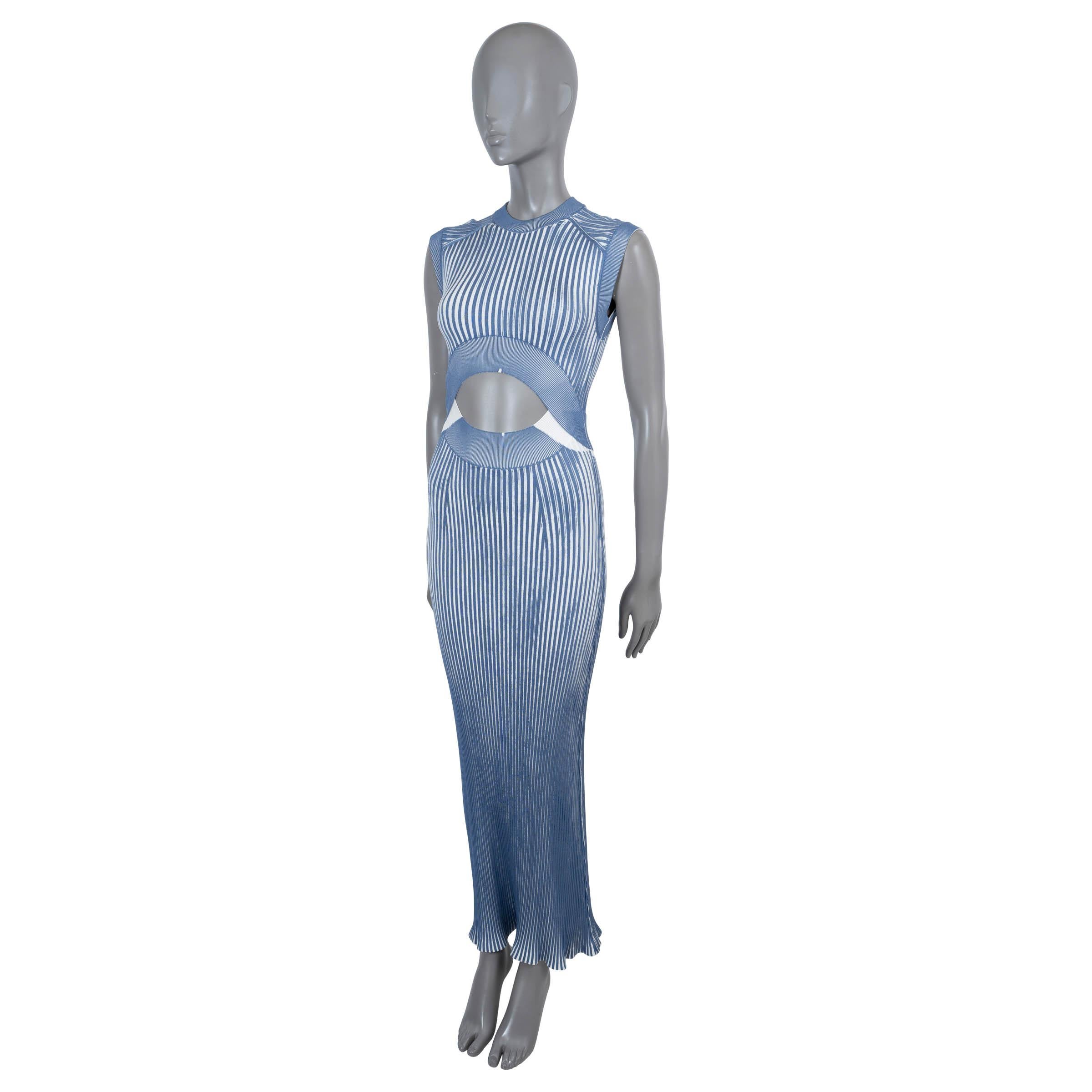 100% authentic Fendi sleeveless maxi dress in blue and white rib-knit silk (100% - please note the content tag is missing). Features a bodycon silhouette with cut-out detail on the front and mock neck. Has been worn and is in excellent
