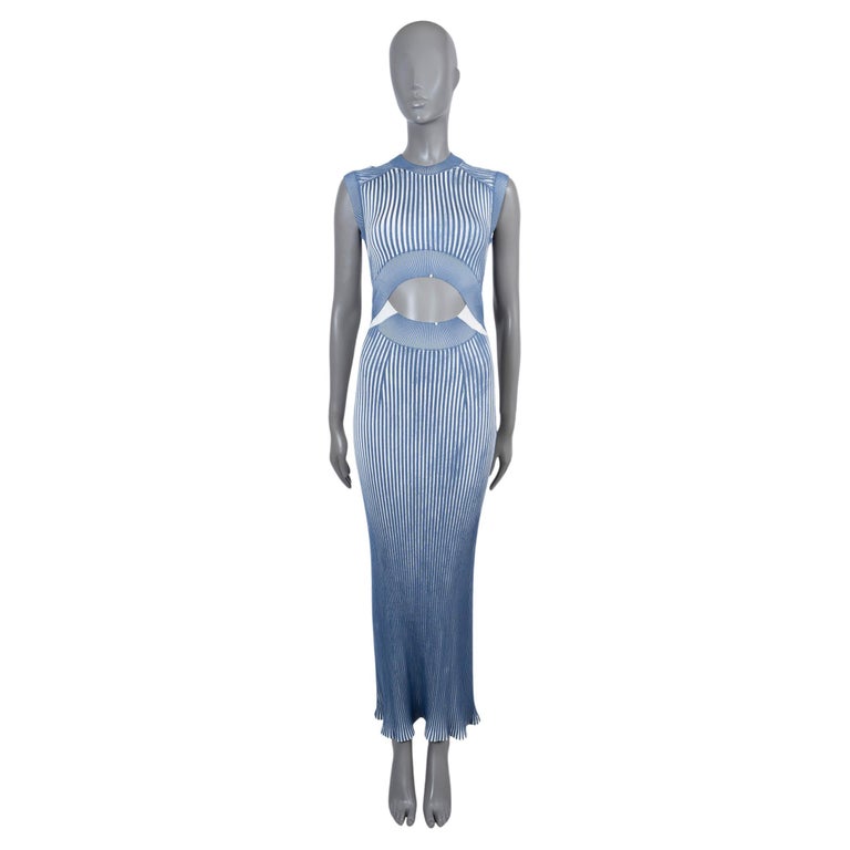 FENDI blue and white silk 2023 CUT-OUT RIB-KNIT MAXI Dress 40 S at 1stDibs