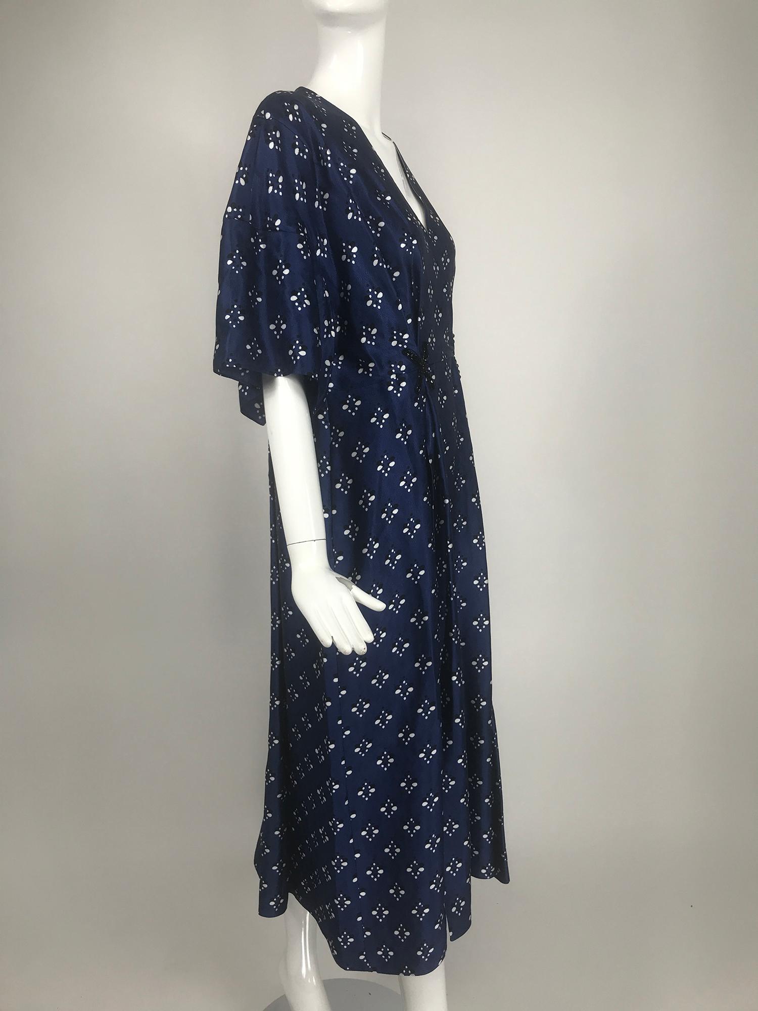 Fendi Blue & White Silk Wrap Effect Handkerchief Sleeve Loose Fit Pleated Dress 2