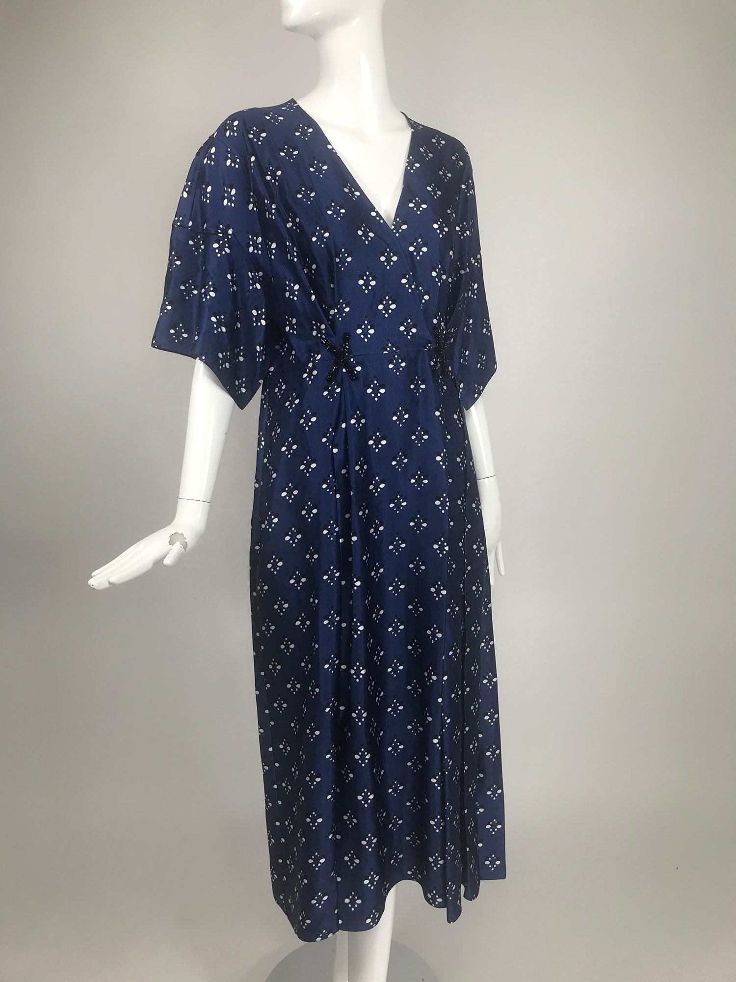 Fendi Blue & White Silk Wrap Effect Handkerchief Sleeve Loose Fit Pleated Dress 3