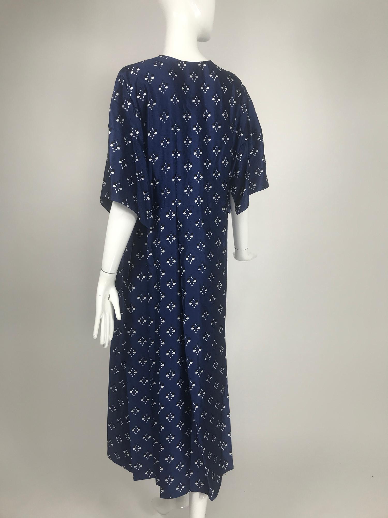 Black Fendi Blue & White Silk Wrap Effect Handkerchief Sleeve Loose Fit Pleated Dress