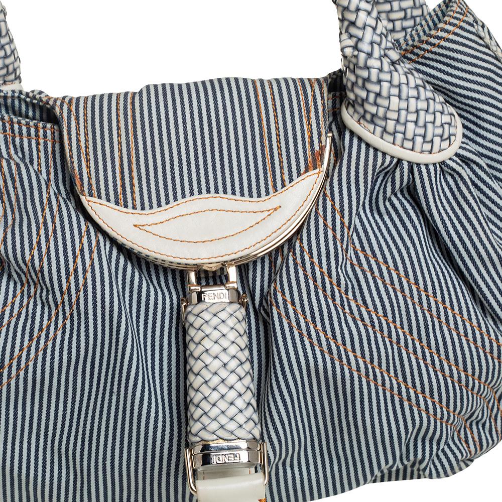 Fendi Tote Spy de tela a rayas azul/blanco y ribete de piel 7