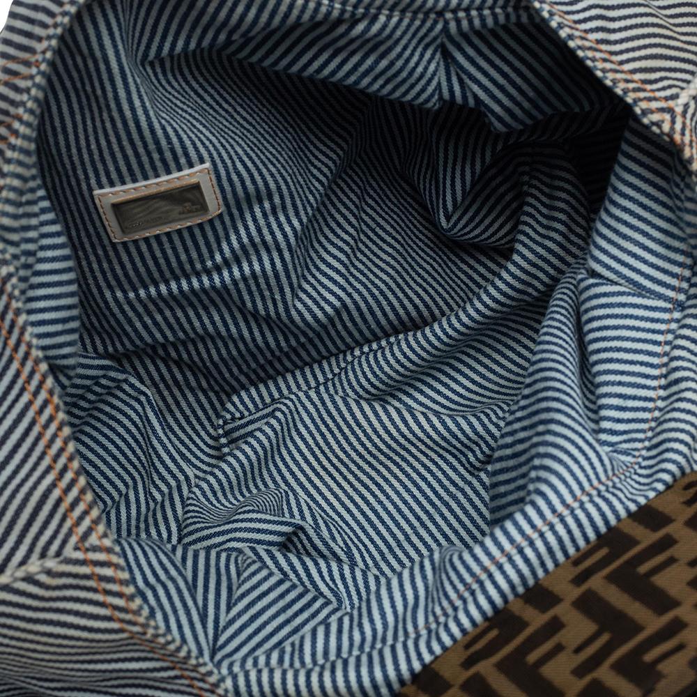 Fendi Tote Spy de tela a rayas azul/blanco y ribete de piel 2