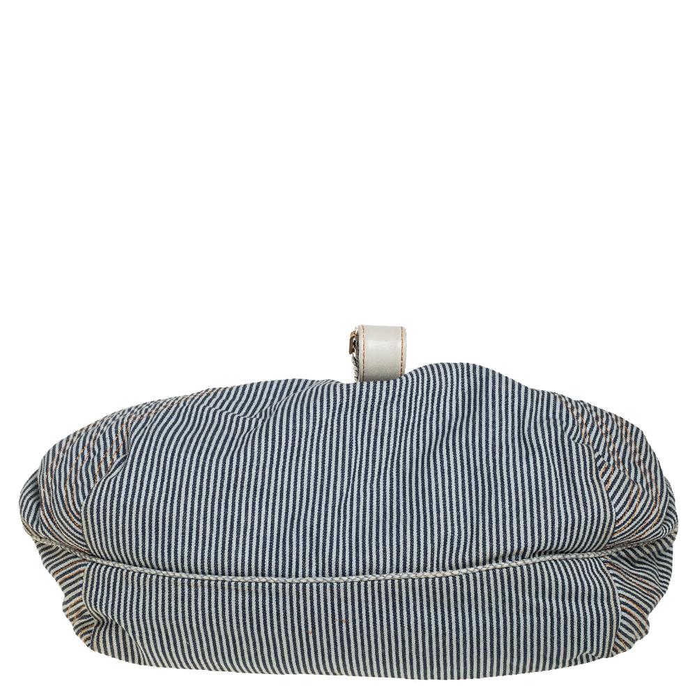 Fendi Tote Spy de tela a rayas azul/blanco y ribete de piel 3
