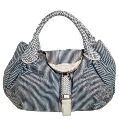 Fendi Blue/White Striped Fabric and Leather Trim Spy Tote