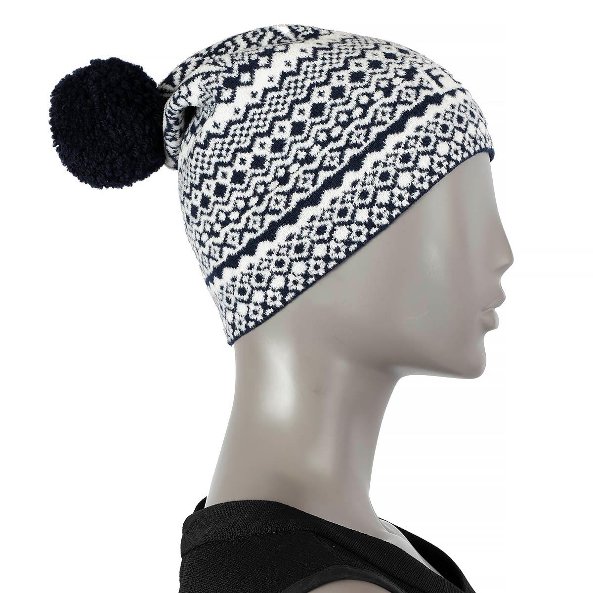 Women's FENDI blue & white wool blend HERITAGE POMPOM Beanie Knit Hat One Size For Sale