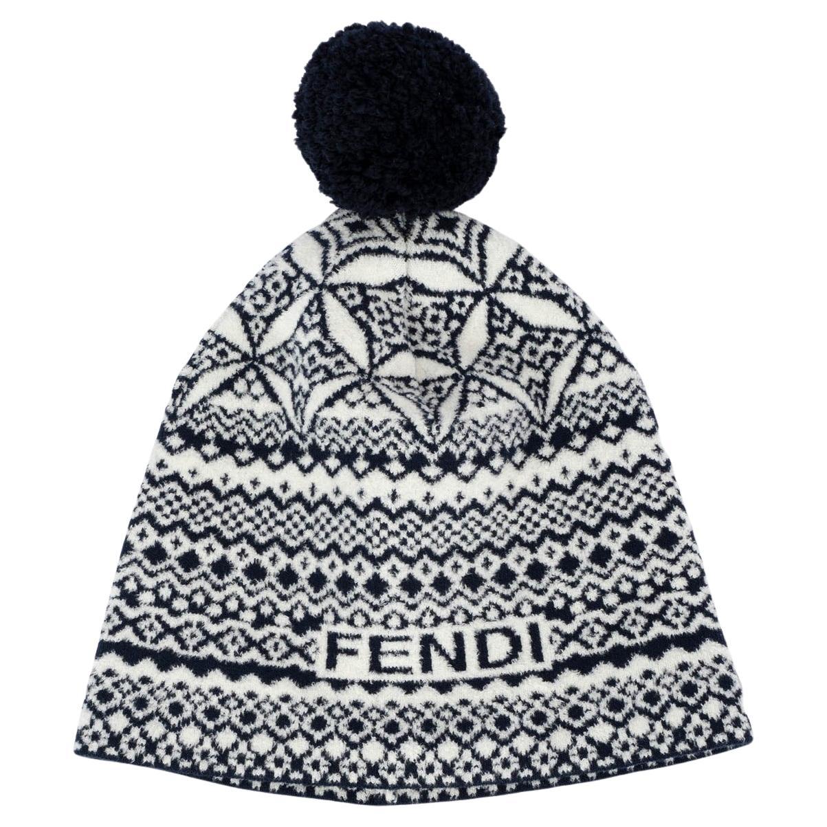 FENDI blue & white wool blend HERITAGE POMPOM Beanie Knit Hat One Size For Sale