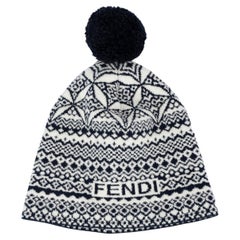 FENDI blue & white wool blend HERITAGE POMPOM Beanie Knit Hat One Size