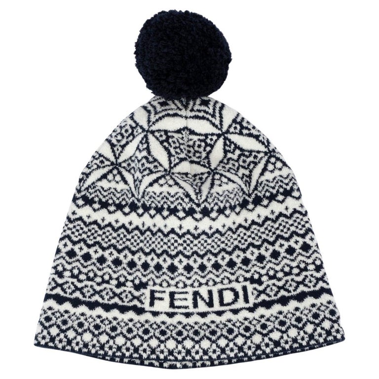 FENDI blue and white wool blend HERITAGE POMPOM Beanie Knit  display picture 1