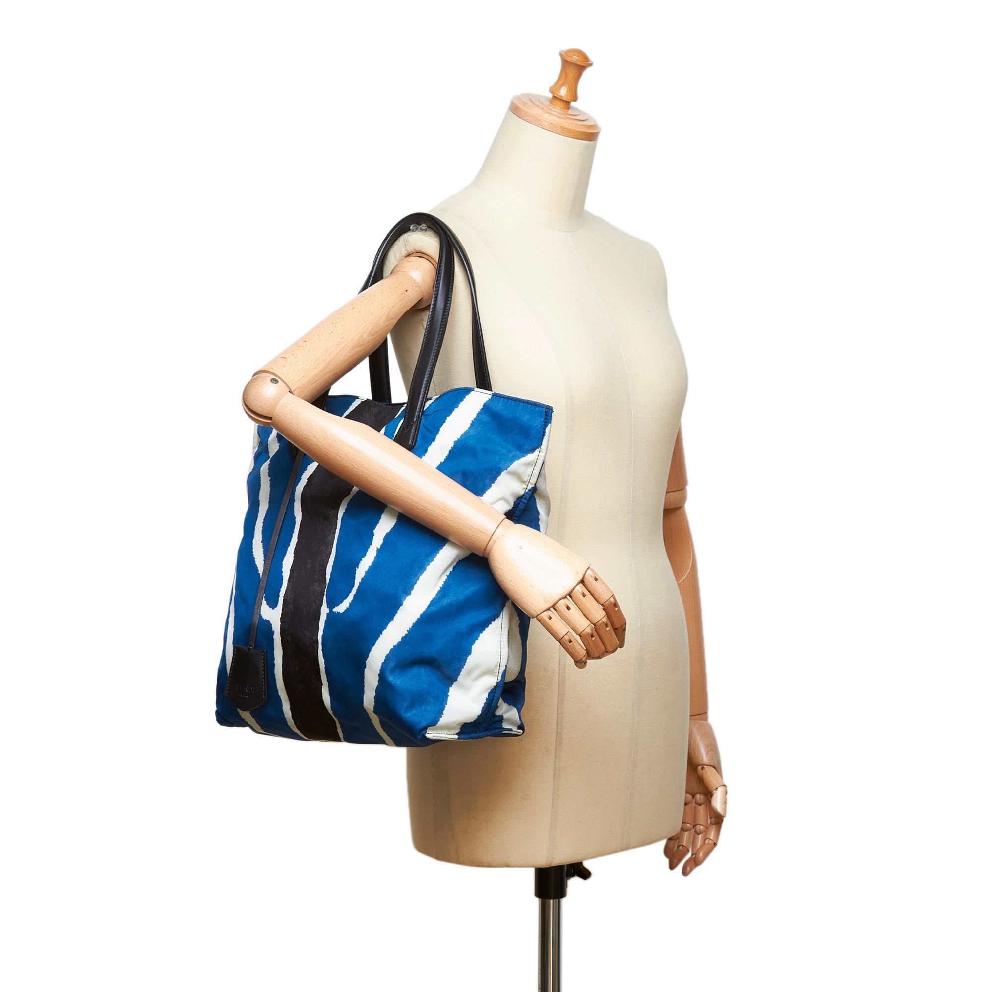 Fendi Blue  with Black Nylon Fabric Zebra Print Tote Bag Italy w/ Dust Bag 3