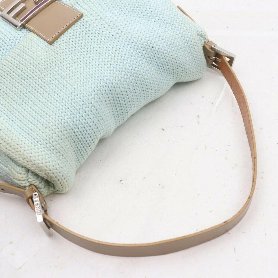 Gray Fendi Blue Woven Knitted Mama Forever Baguette Flap Bag 863223
