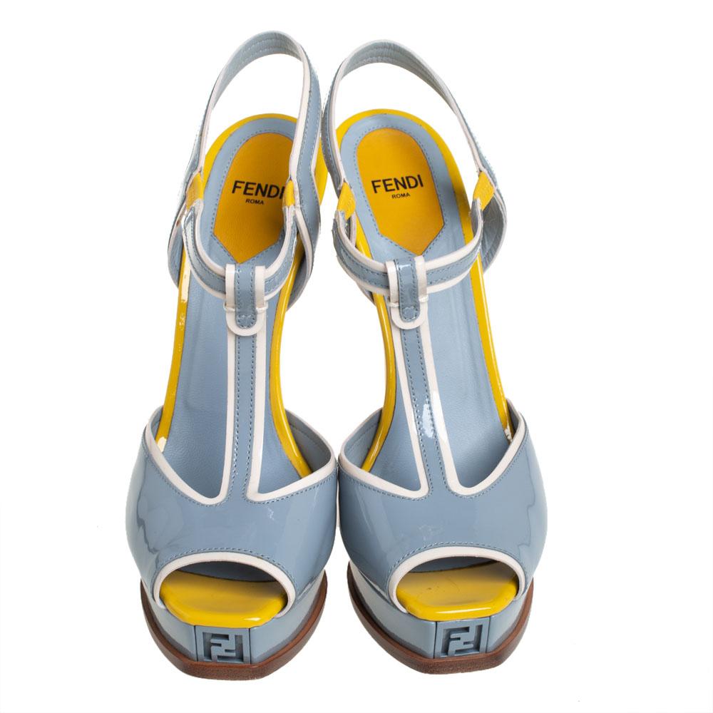 Gray Fendi Blue/Yellow Patent Leather T- Strap Fendista Platform Sandals Size 38