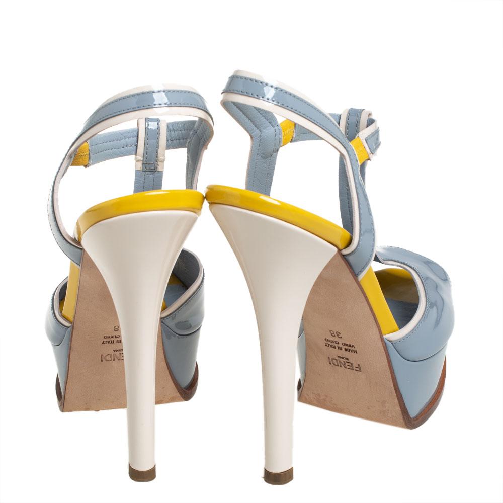 Women's Fendi Blue/Yellow Patent Leather T- Strap Fendista Platform Sandals Size 38