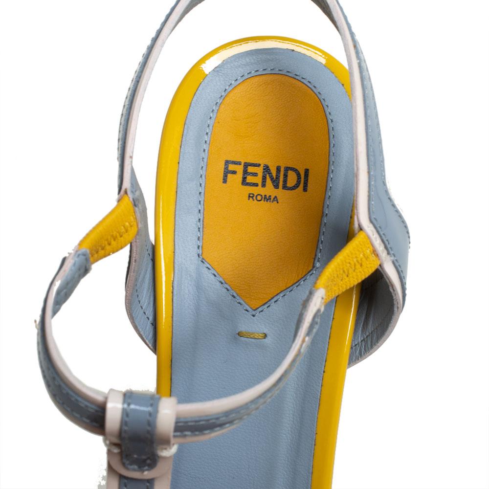 Fendi Blue/Yellow Patent Leather T- Strap Fendista Platform Sandals Size 38 2