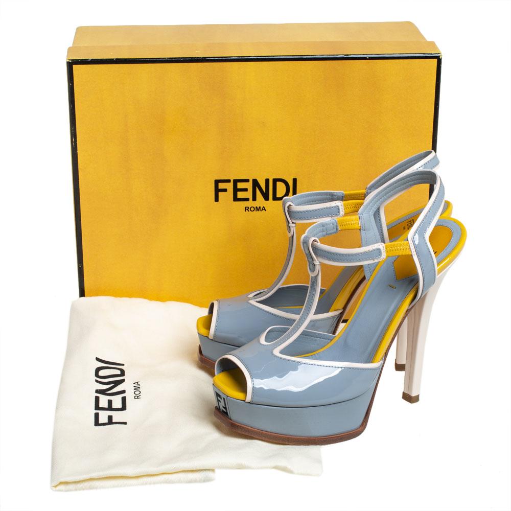 Fendi Blue/Yellow Patent Leather T- Strap Fendista Platform Sandals Size 38 3