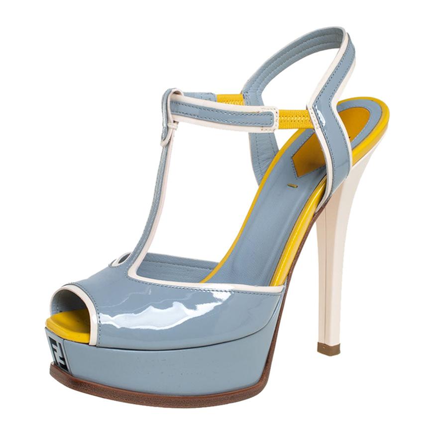 Fendi Blue/Yellow Patent Leather T- Strap Fendista Platform Sandals Size 38