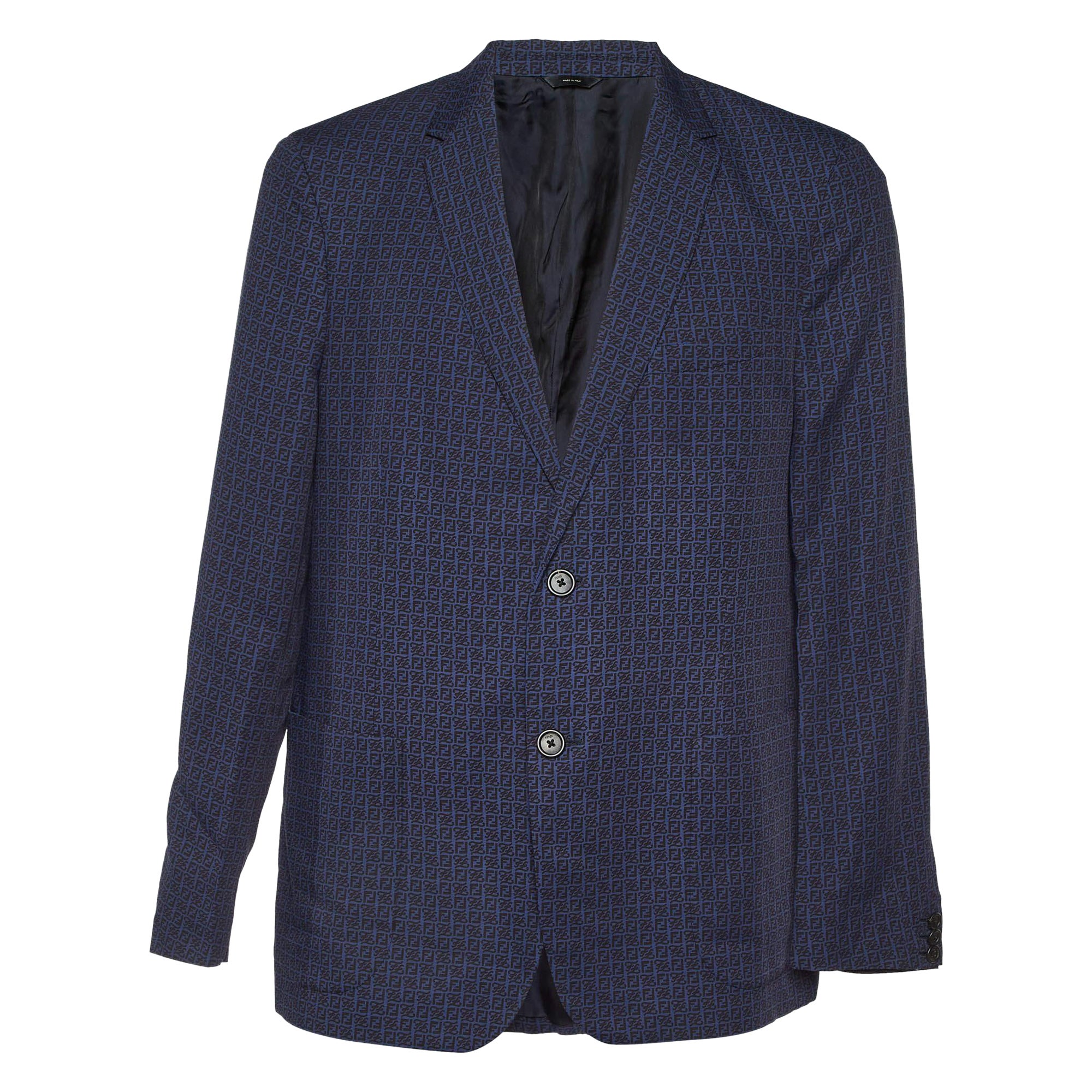 Fendi Blue Zucca Print Linen Blend Single Breasted Blazer XXL