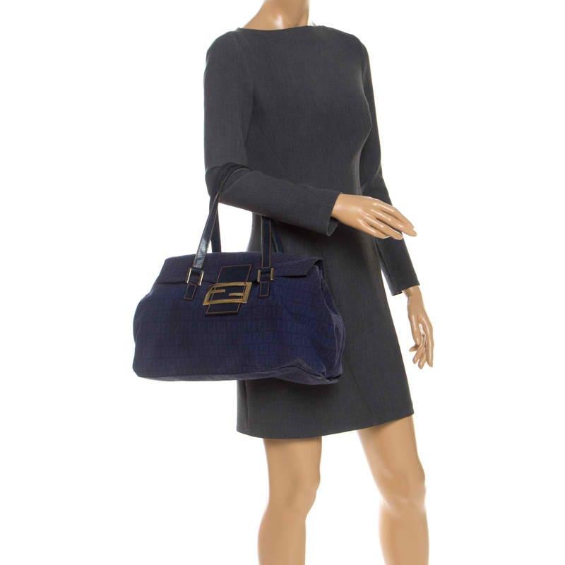 Black Fendi Blue Zucchino Canvas and Leather Forever Satchel