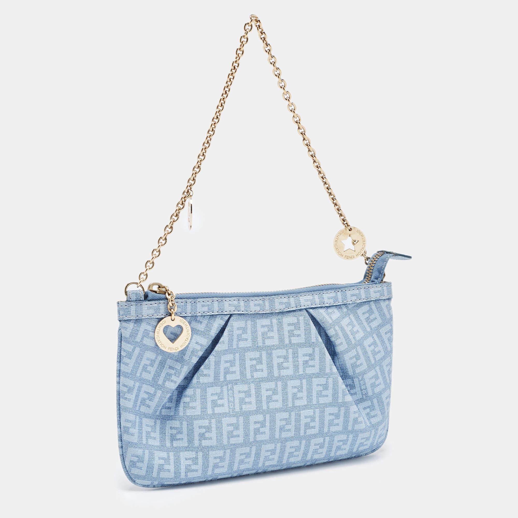 Fendi Blue Zucchino Coated Denim Charm Chain Pochette In Good Condition In Dubai, Al Qouz 2