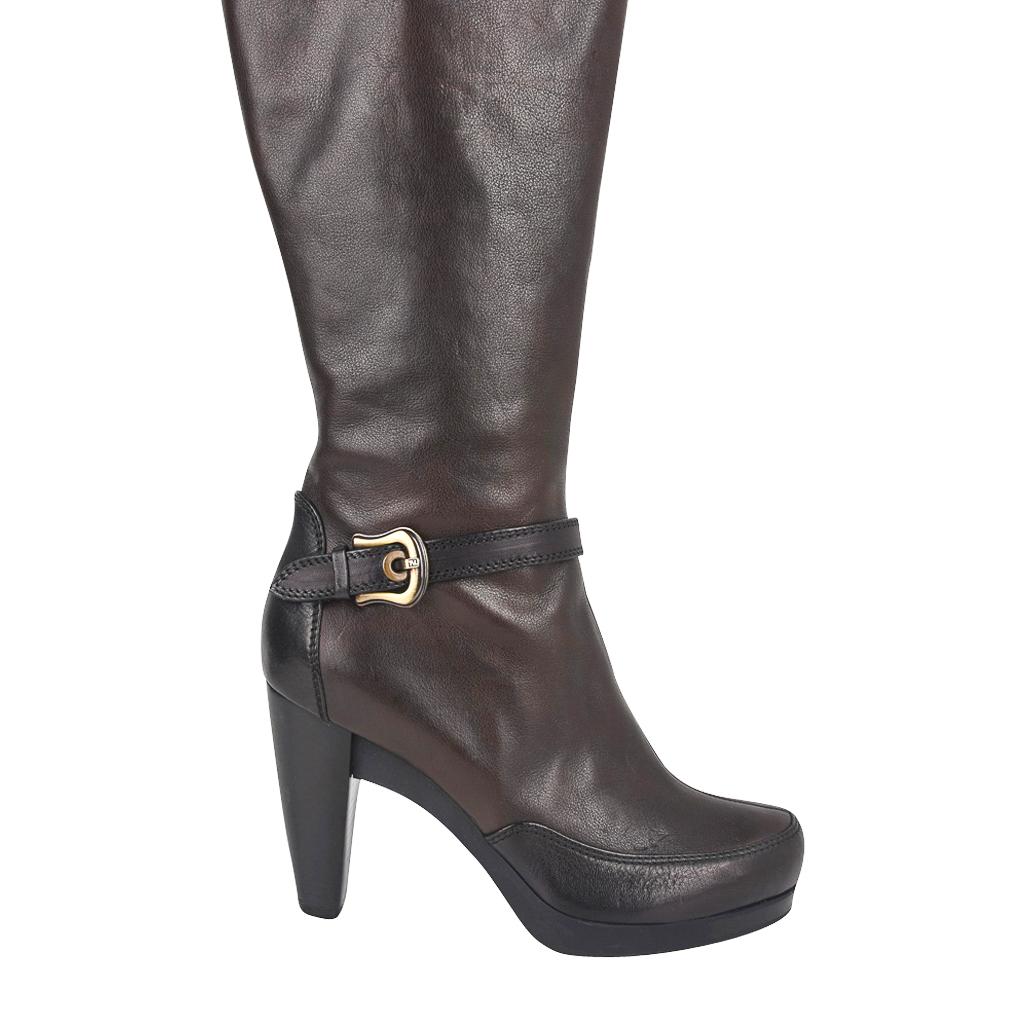 dark brown knee high boots with heel