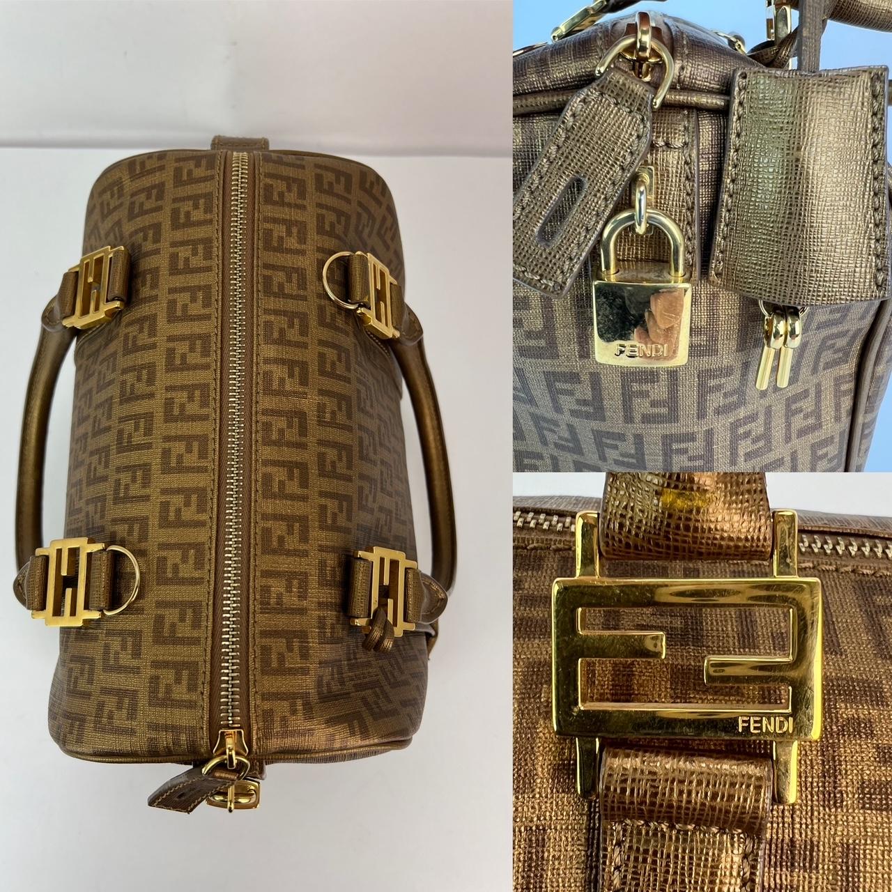 Brown Fendi Boston Gold Coated Canvas Hand Bag For Sale