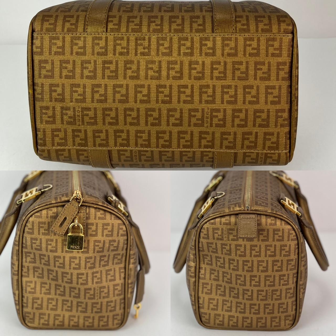 Fendi Boston Gold Coated Canvas Hand Bag In Excellent Condition For Sale In Freehold, NJ