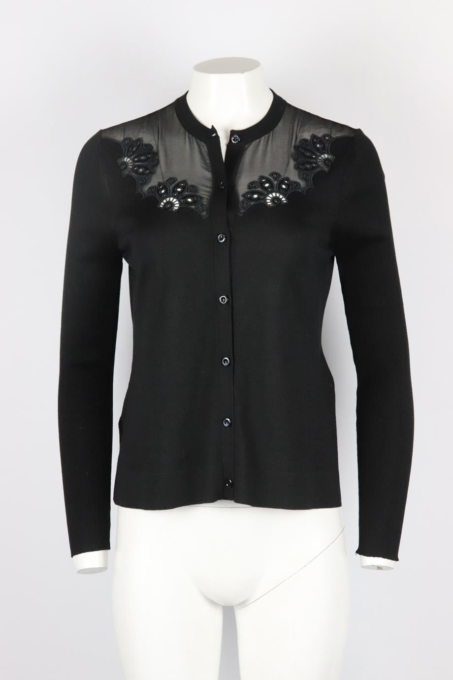 Fendi broderie anglaise silk cardigan. Black. Long sleeve, crew neck. Button fastening at front. 100% Silk; embroidery: 100% polyester. Size: IT 42 (UK 10, US 6, FR 38). Bust: 37 in. Waist: 34 in. Hips: 41 in. Length: 21.5 in. New with tags