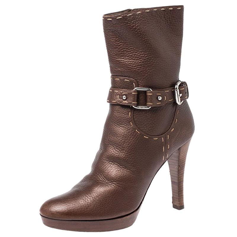 Fendi Bronze Whip Stitch Leather Buckle Ankle Boots Size 39.5 at 1stDibs