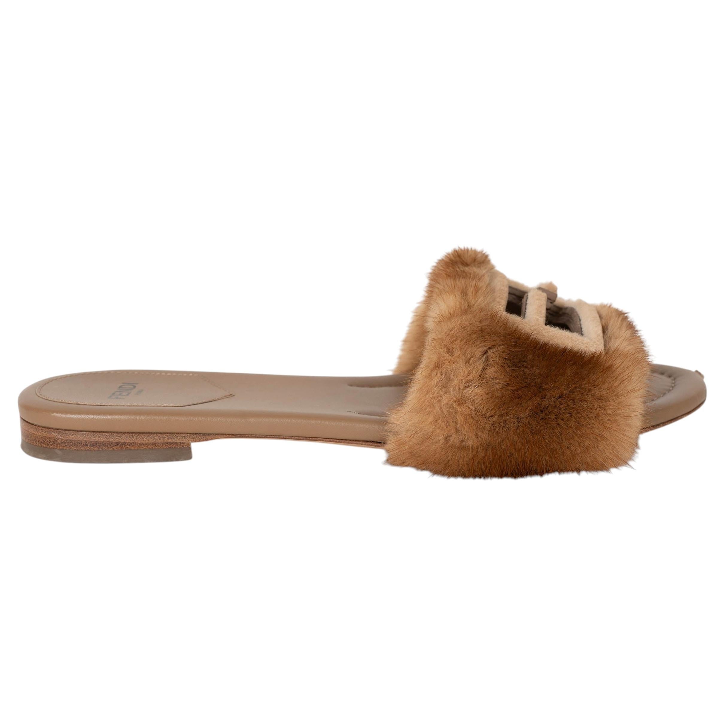 FENDI brown BAGUETTE MINK FUR SLIDE Sandals Shoes 39